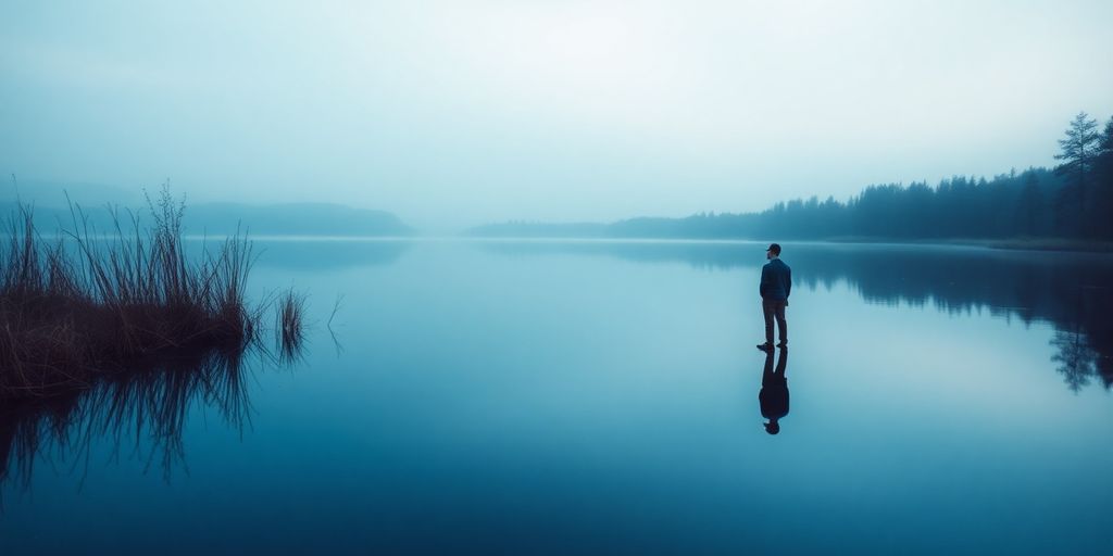 A man reflecting by a tranquil lake in nature.