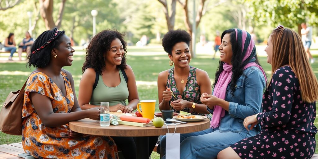 Diverse women socializing in a lively park setting.