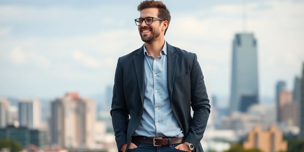 Confident man smiling in a city setting.