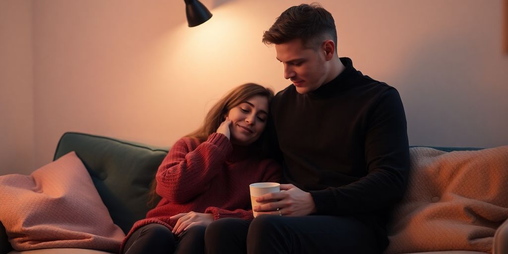 Couple in cozy setting, reaching out to reconnect.