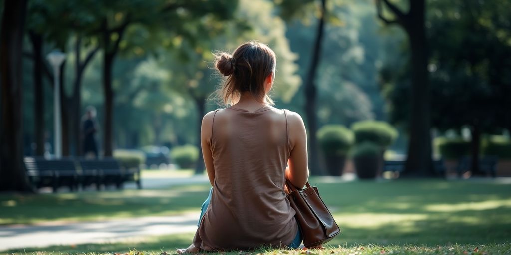 Woman alone in a park, reflecting and seeking peace.