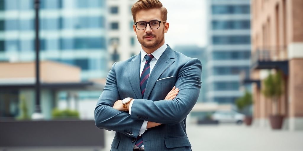 Confident man in tailored suit against urban backdrop.