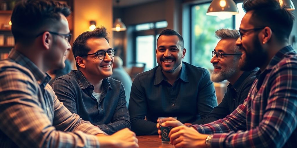 Men discussing masculinity in a cozy café setting.