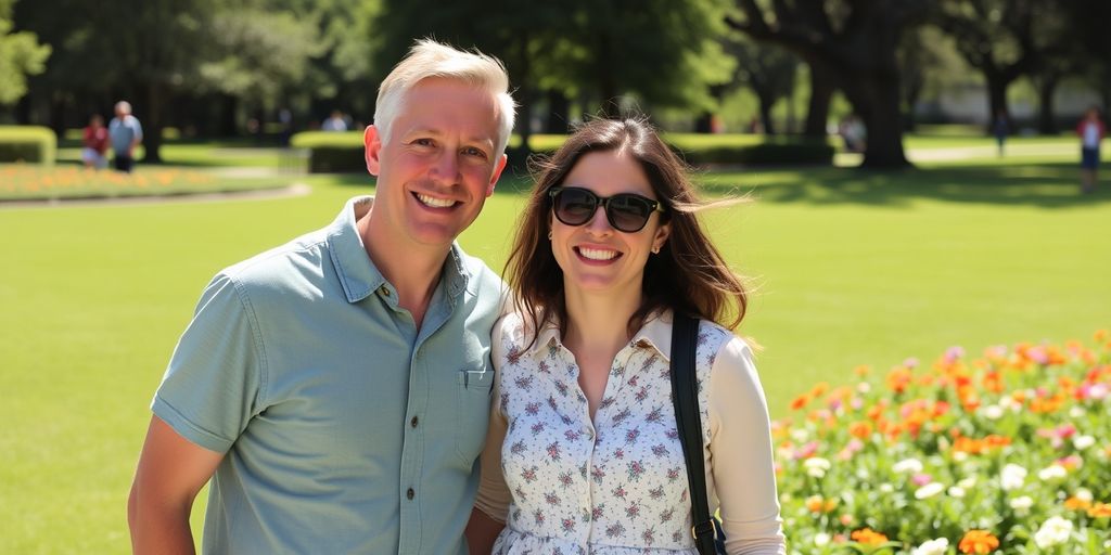 Smiling couple enjoying a sunny day in a park.