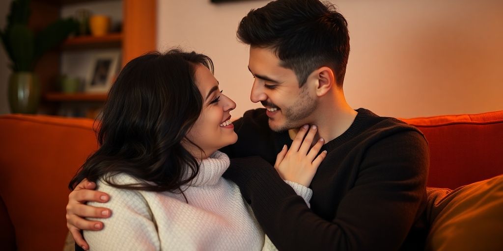 Couple sharing a tender moment on a cozy couch.