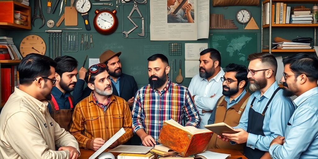 Group of men discussing economic challenges and masculinity.